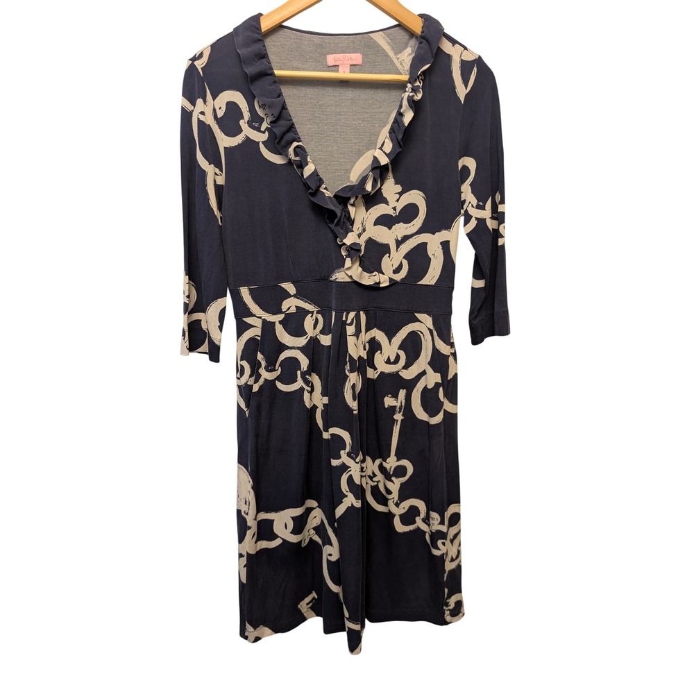 Lilly Pulitzer Blayney Ruffled Faux Wrap Dress Ball & Chain Silk Cotton Nautical
